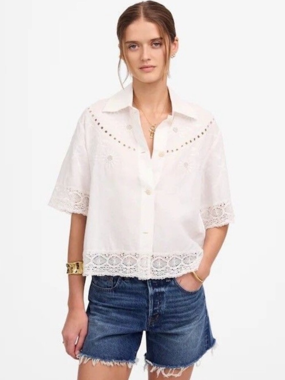 NWT Madewell Short Sleeve Collared Embroidered Lace Button-Up Shirt White sz XL